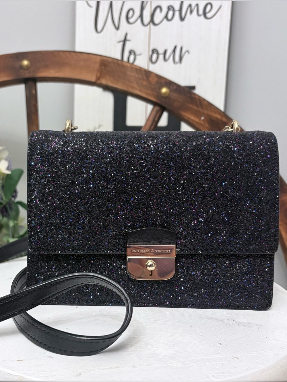 KATE SPADE Black Multicolored Glitter Crossbody with Gold-Tone Lock & strap NWOT